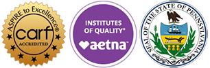 CARF Accredited, Aetna Institute of Quality, and Seal of the State of Pennsylvania